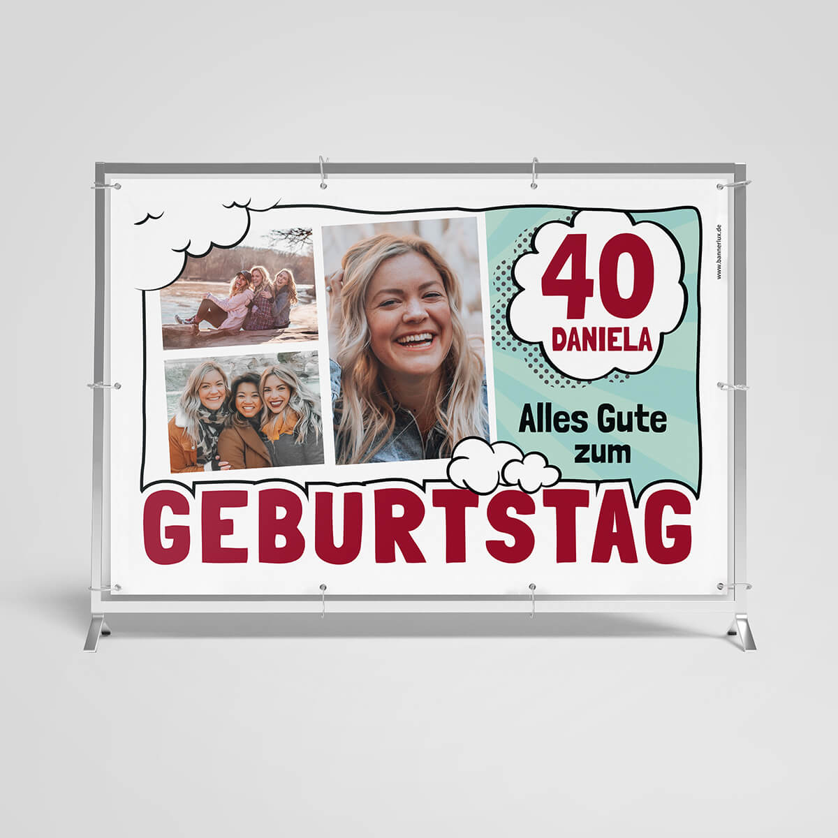 Feierliches Geburtstagsbanner zum 40. Geburtstag von Daniela mit einem lebhaften Design. Das Banner zeigt drei fröhliche Fotos von Daniela und ihren Freunden, darunter ein Gruppenfoto auf einer Decke im Freien und ein Foto, auf dem Daniela herzlich lacht. Eine große Sprechblase enthält die Worte '40 Daniela' und darunter 'Alles Gute zum Geburtstag' in großen, weißen Buchstaben auf einem roten Hintergrund.